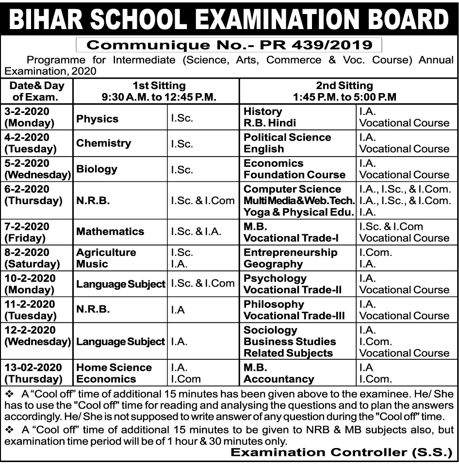 Bihar Board Intermediate Time Table 2020