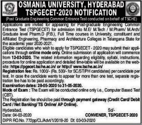 TS PGECET 2020 Notification