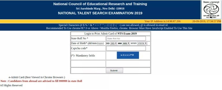 Download NTSE Admit Card