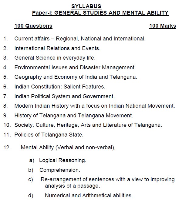 TS Panchayat Secretary Syllabus for Paper-I