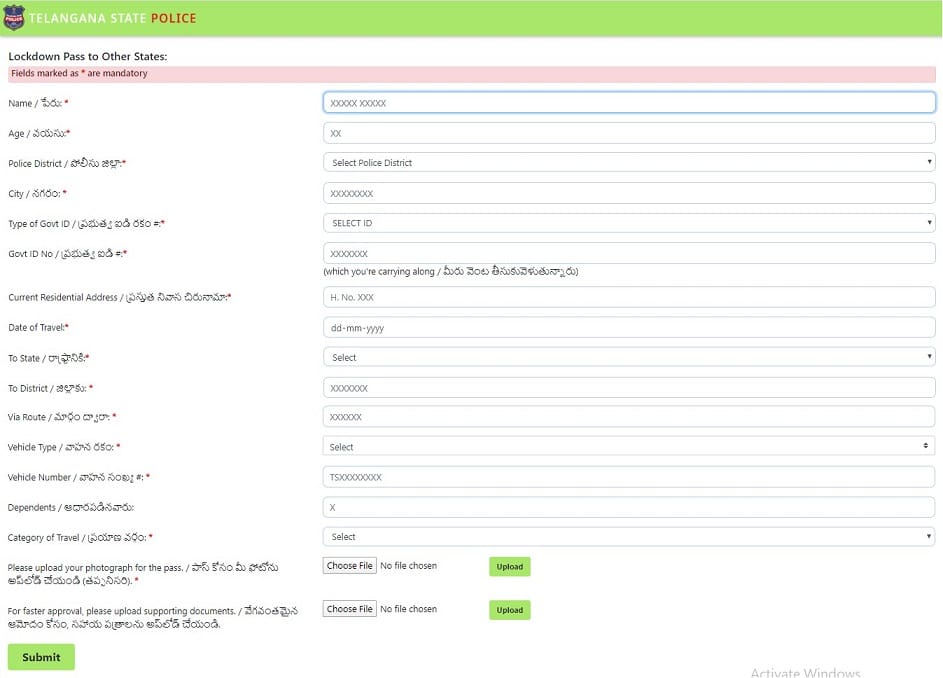 Telangana Covid-19 ePass Application Form