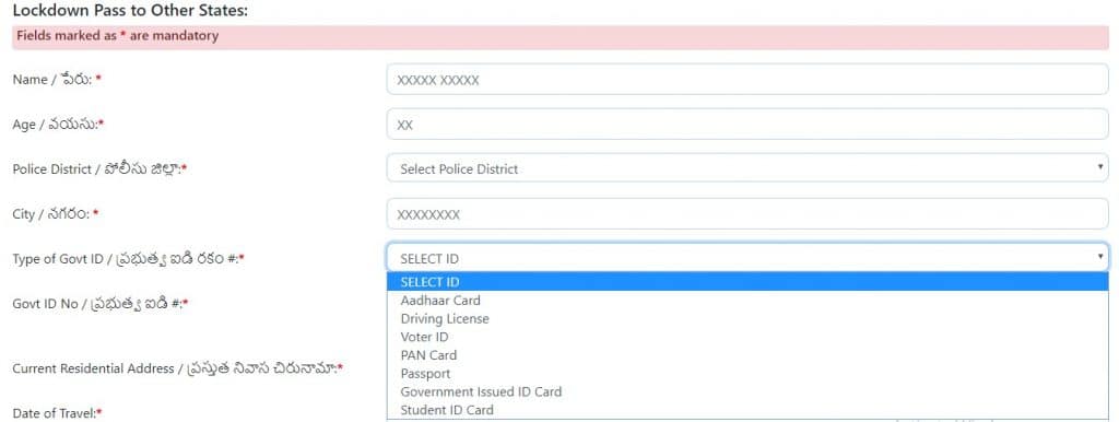 Telangana Covid-19 ePass Application Personal Details