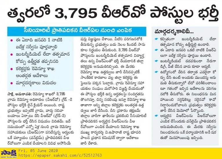 AP VRO Recruitment 2020 News in News Papers