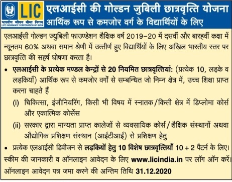 LIC Scholarship Notification 2020-21