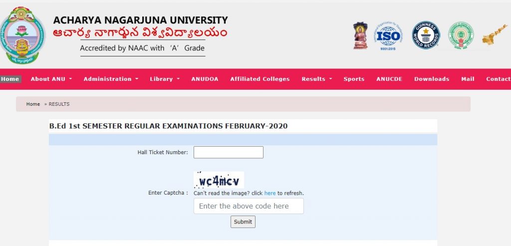 ANU B.Ed 1st Sem Results Feb 2020