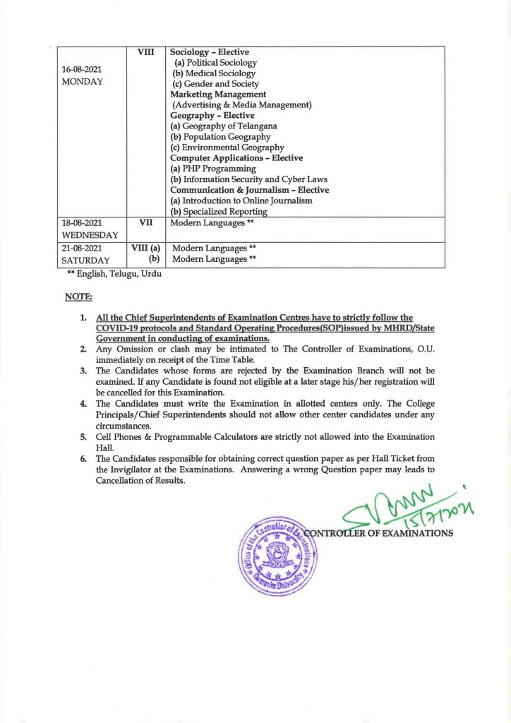 OU BA (CBCS) 4th Sem Regular July August Time Table 2021