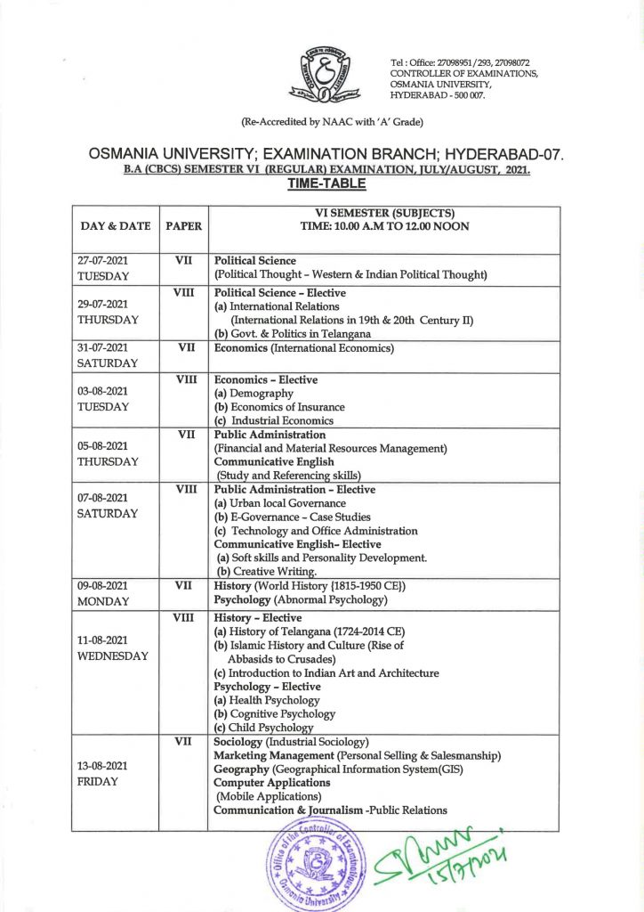 OU BA (CBCS) 4th Sem Regular July August Time Table 2021