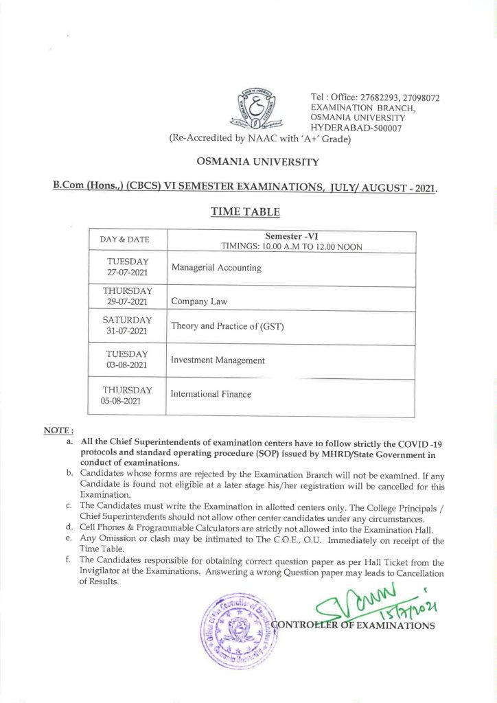 OU Degree B.Com (Hons), (CBCS) 4th Sem Regular Exam Schedule 2021