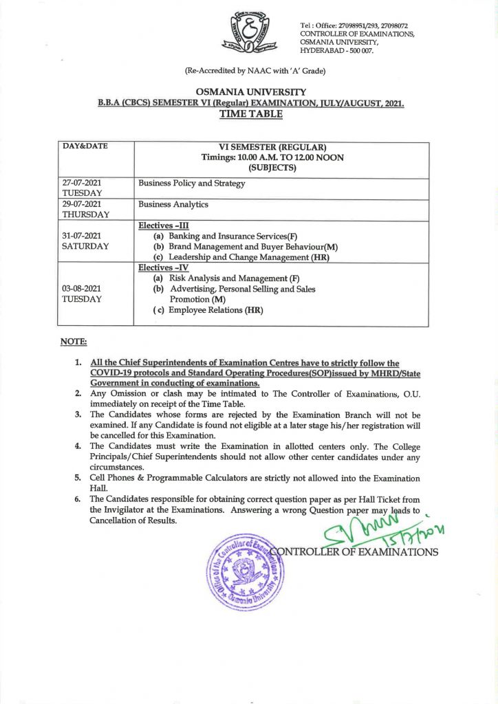 OU Degree BBS (CBCS) 4th Sem Regular Time Table 2021
