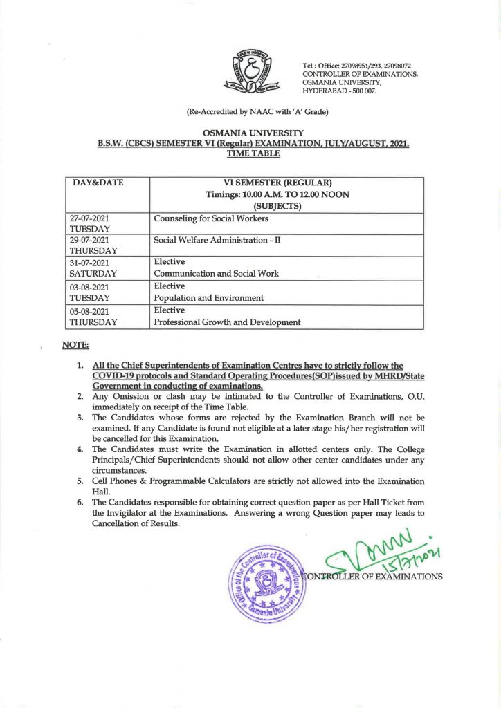 OU Degree BSW (CBCS) 4th Sem Regular Exam Dates 2021