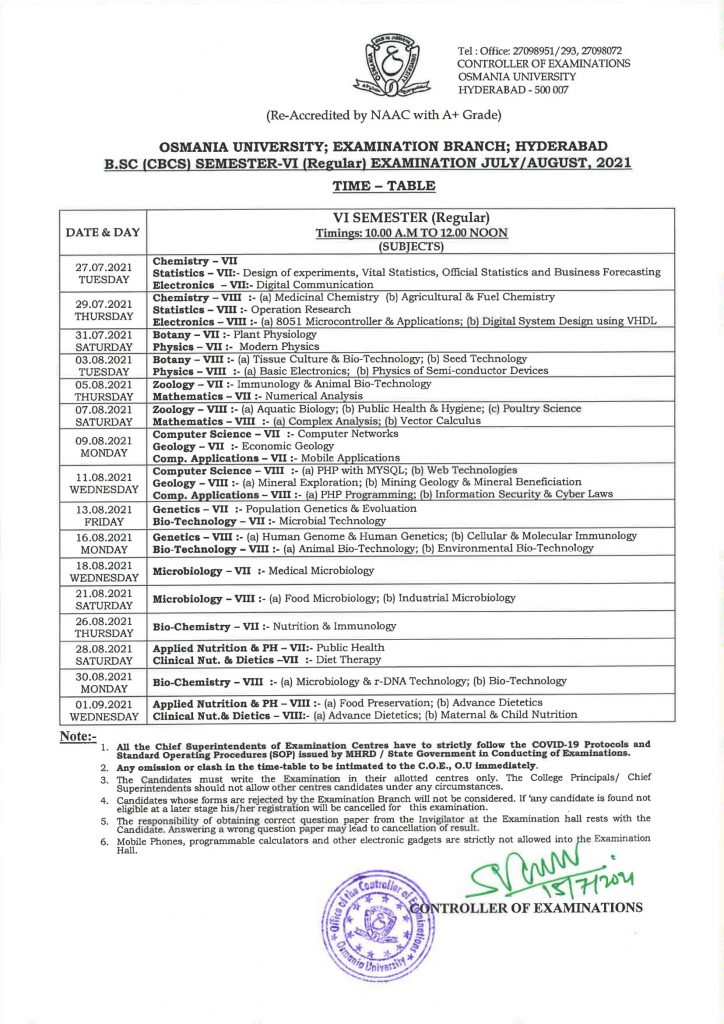 OU DegreeB.Sc (CBCS) 4th Sem Regular Time Table 2021