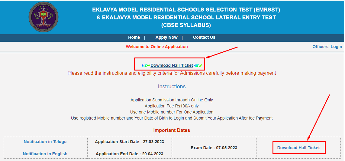 TS EMRS 6th Class entrance Download Hall Ticket