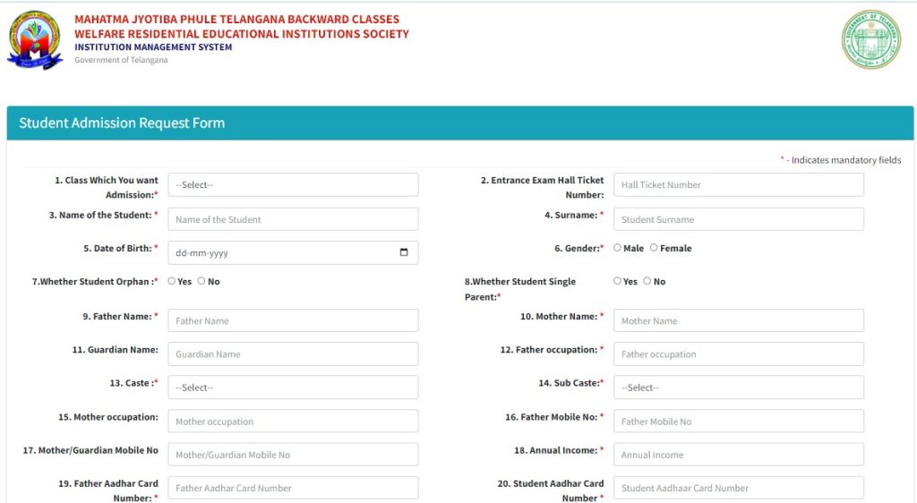 TSMJBC Online Admission Application Form